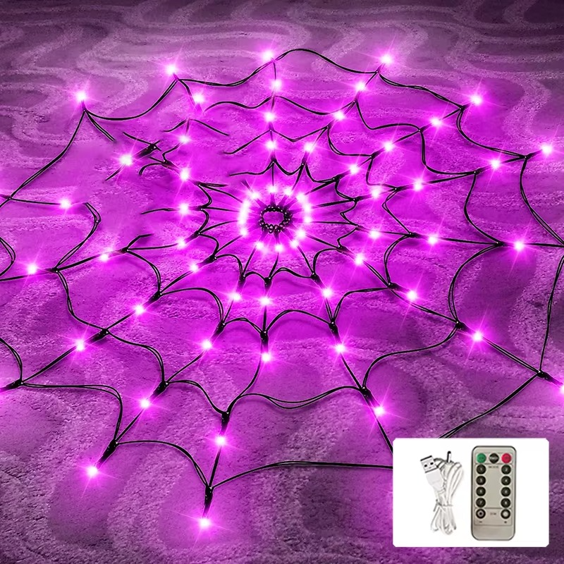 Spinnennetz-Lichterkette mit LEDs für Halloween-Deko an Fenster, Tür und Veranda – ca. 120 cm, 80 LEDs, 8 Modi, Fernbedienung, USB oder Batterie