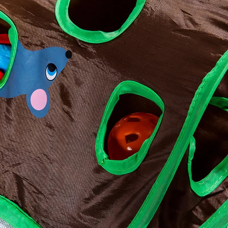 Katzenspielzeug-Tunnel mit 9 Löchern, Maus und Ball zum Pföteln und Jagen – 30,5 × 30,5 × 11,4 cm, faltbar, waschbarer Canvas, für mehrere Katzen