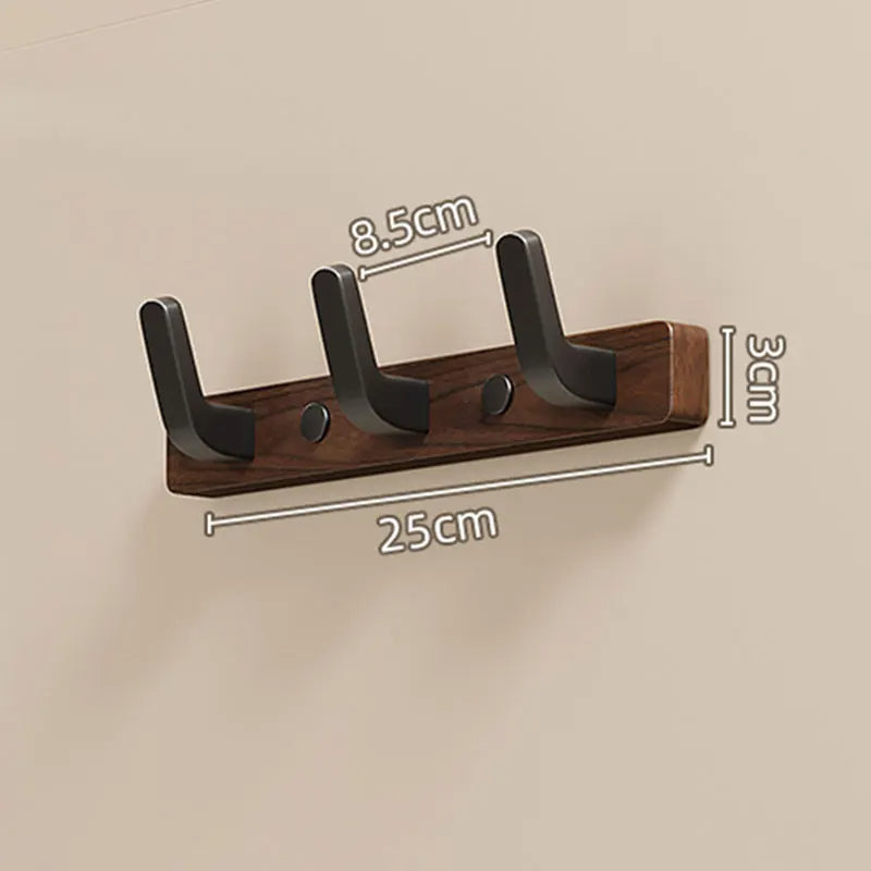 Minimalistische Wandgarderobe aus Holz und Metall mit 3 bis 6 Haken für Flur, Schlafzimmer und Bad – dunkles Holz, schwarze Metallhaken, platzsparend