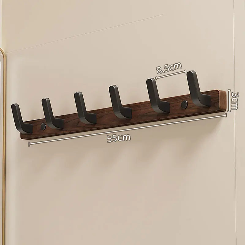 Minimalistische Wandgarderobe aus Holz und Metall mit 3 bis 6 Haken für Flur, Schlafzimmer und Bad – dunkles Holz, schwarze Metallhaken, platzsparend