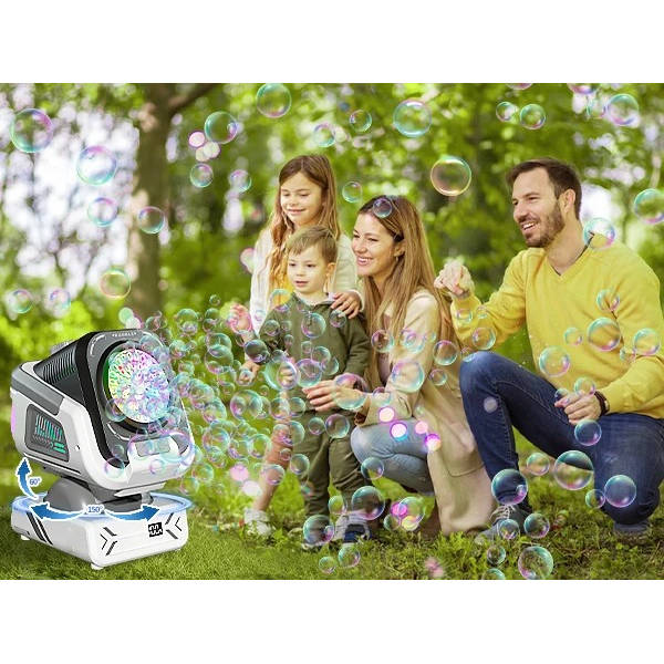 Seifenblasenmaschine mit Akku und LED-Licht für Party, Garten und Kindergeburtstag – über 30.000 Blasen pro Minute, 150° schwenkend, USB-C