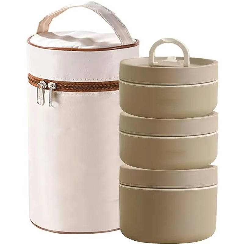 Isolierte Edelstahl-Lunchbox als Komplettset für Büro, Schule und unterwegs – wärmeisoliert, mehrteilig, in Blau, Beige und Khaki