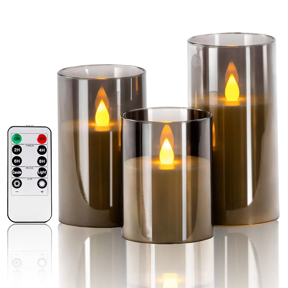 Flammenlose LED-Kerzen im Glas mit Echtwachskern im 3er-Set mit Fernbedienung für Esszimmer und Leseecke – 3D-Flamme, Timer, dimmbar, 3 Farben