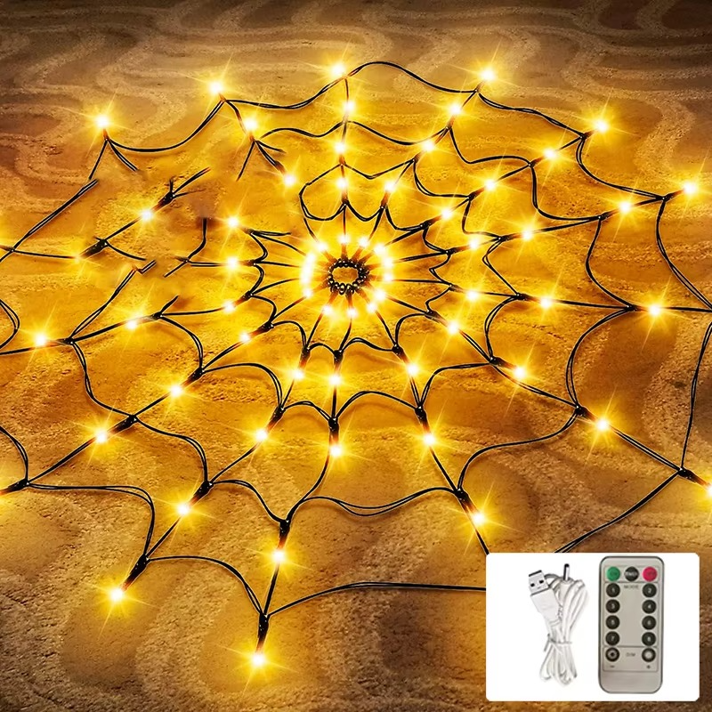 Spinnennetz-Lichterkette mit LEDs für Halloween-Deko an Fenster, Tür und Veranda – ca. 120 cm, 80 LEDs, 8 Modi, Fernbedienung, USB oder Batterie