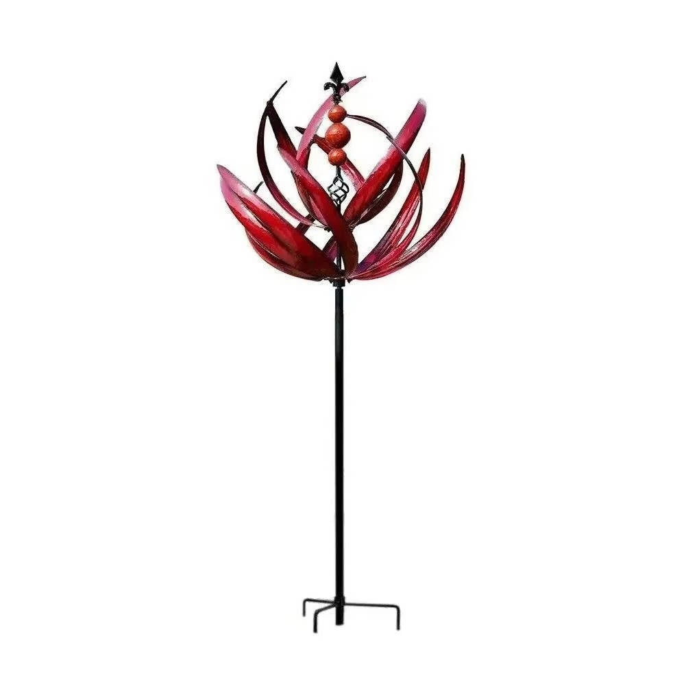 Windspiel aus Metall mit Gartenstab für Beet, Rasen und Vorgarten – drehende Blütenform mit Kugeln, Lichtreflexe, in Blau oder Rot