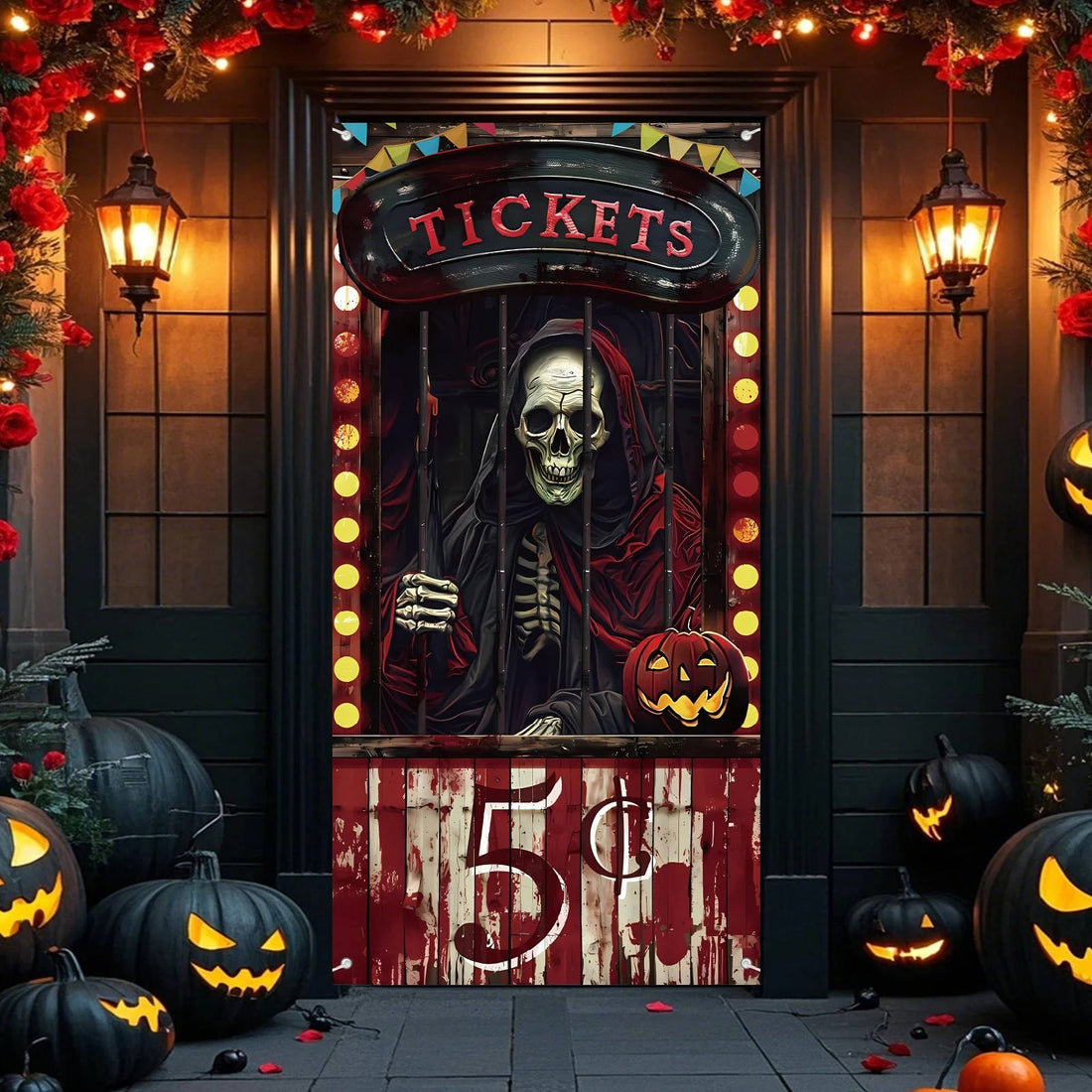 Halloween-Türbehang mit Horror-Zirkus-Motiv aus Polyester für Haustür, Wand und Fotohintergrund – ca. 180 × 90 cm, 4 Ösen, mit Seil