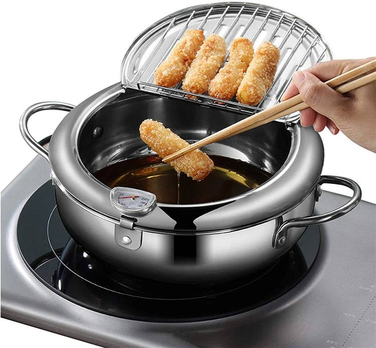 Japanischer Frittiertopf mit Thermometer und Abtropfgitter für Tempura, Karaage und Pommes – für Gas-, Elektro- und Induktionsherd