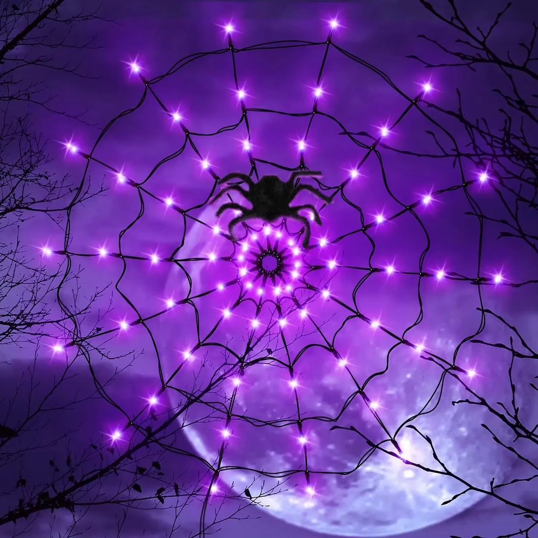 Spinnennetz-Lichterkette mit LEDs für Halloween-Deko an Fenster, Tür und Veranda – ca. 120 cm, 80 LEDs, 8 Modi, Fernbedienung, USB oder Batterie