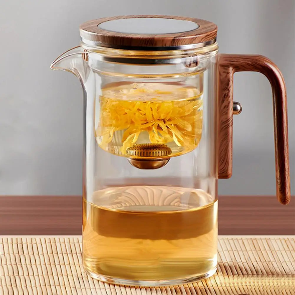 Teekanne aus Borosilikatglas mit Teesieb und Wasser-Trennfunktion für losen Tee – 500 oder 700 ml, hitzebeständig, Holzgriff, tropffreie Tülle