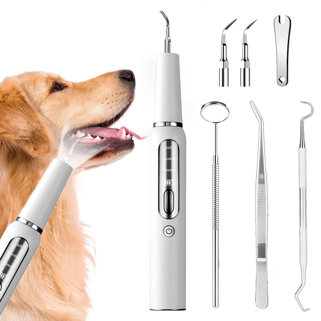 Ultraschall-Zahnreinigungsgerät für Hunde und Katzen mit LED-Licht für die Zahnpflege zu Hause – 32 bis 40 kHz, Akku, 10-Min.-Abschaltung