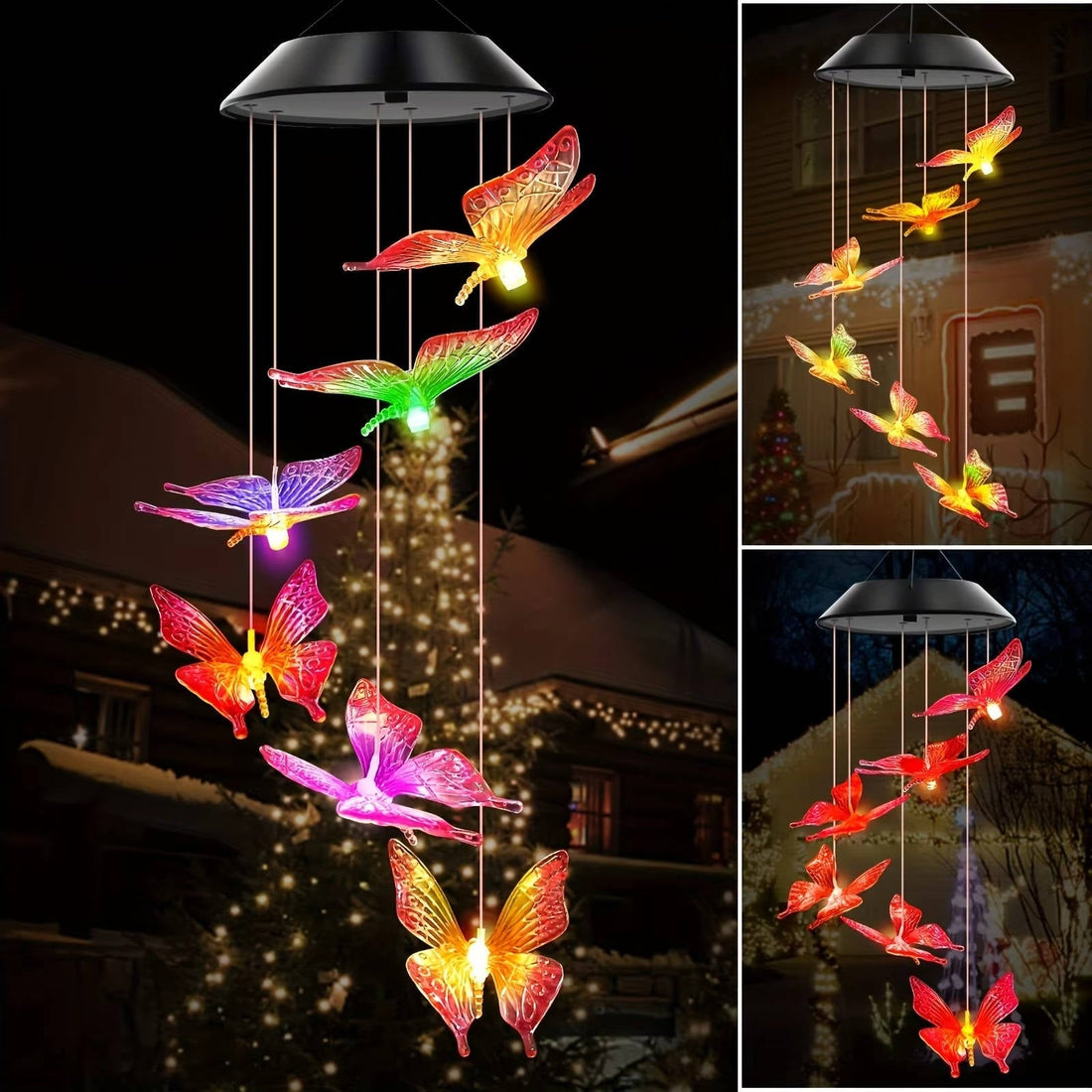 Solar-Windspiel mit Licht als Gartendeko für Baum, Beet und Balkon – ca. 65–70 cm lang, Schmetterling, Kolibri oder Libelle, ohne Kabel