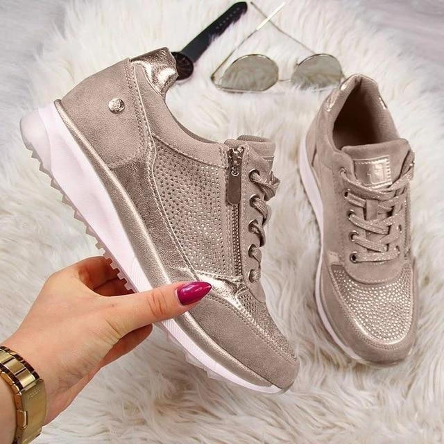 Damen-Sneaker mit Keilabsatz-Plateau, seitlichem Reißverschluss und Glitzer-Einsatz für die Stadt – Schnürung, EU-Größen 35 bis 43, Taupe-Metallic