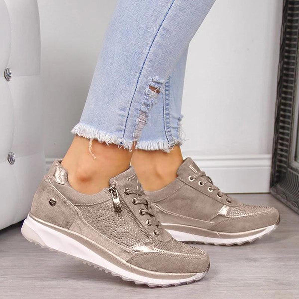 Damen-Sneaker mit Keilabsatz-Plateau, seitlichem Reißverschluss und Glitzer-Einsatz für die Stadt – Schnürung, EU-Größen 35 bis 43, Taupe-Metallic