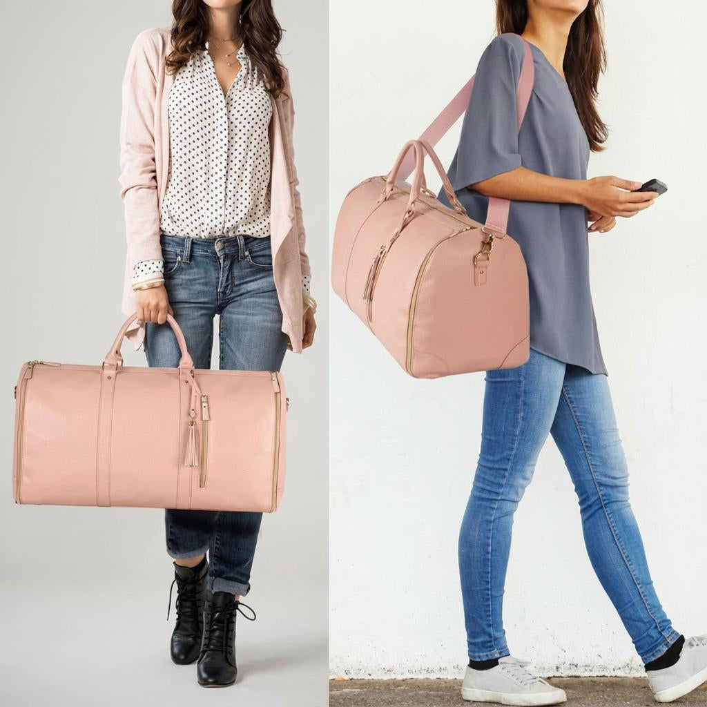 Faltbare Kleidersack-Reisetasche mit Bügelhaken und transparentem Beutel für Geschäftsreise und Flug – Schultergurt, 2 Griffe, Rosa, Creme, Schwarz