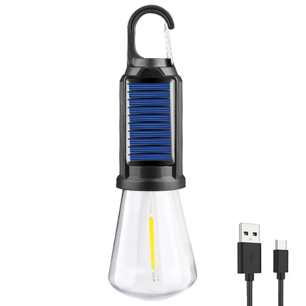 Solar-Campinglampe mit Haken und Dämmerungssensor für Zelt, Garten und Grillabend – 100 lm Warmlicht, USB-C, wasserfest, 3 Formen