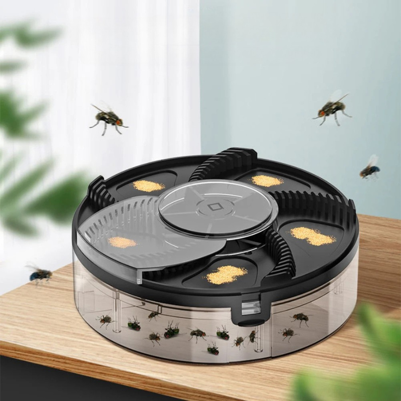 Automatische Fliegenfalle mit Drehmechanismus für Küche, Terrasse und Hof – USB-Akku bis 72 Std., ca. 16 × 16 × 5 cm, abwaschbar, Schwarz oder Weiß