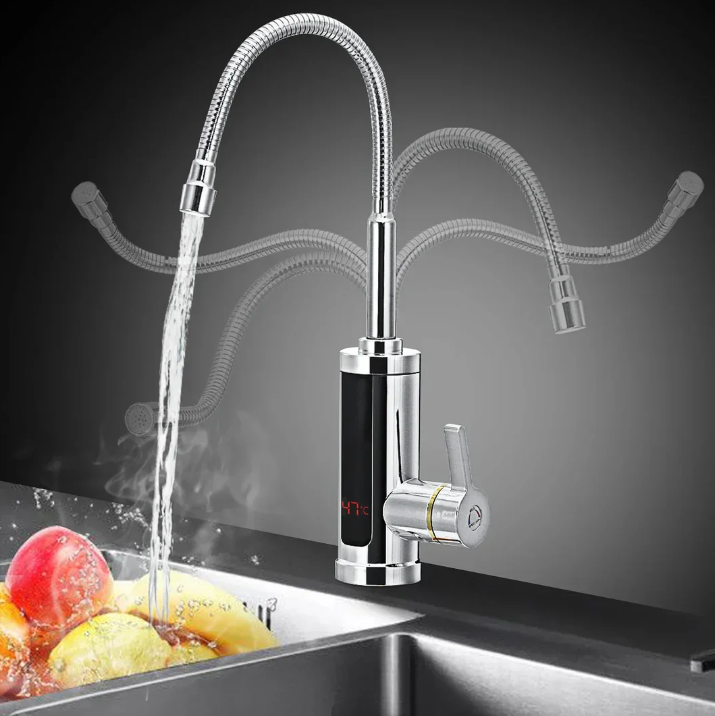 Elektrischer Durchlauferhitzer-Wasserhahn mit flexiblem Auslauf für Küche und Spüle – 3000 W, ca. 30 bis 60 °C, Temperaturanzeige, 2 Farben