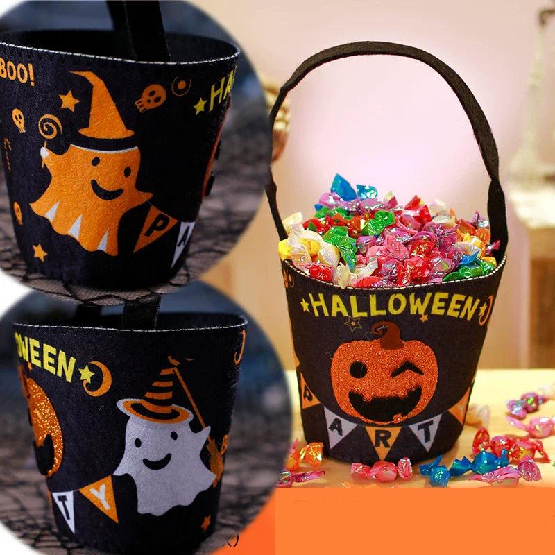 Halloween-Süßigkeiteneimer aus Vliesstoff für Kinder für Süßes-oder-Saures und Party – ca. 19 bis 24,5 cm hoch, Henkel, 4 Motive