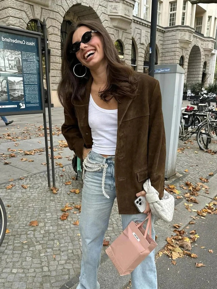Elegante Damenjacke in Wildlederoptik mit Reverskragen für Herbst, Büro und Freizeit – lange Ärmel, mit Taschen, Braun, Größen S bis L
