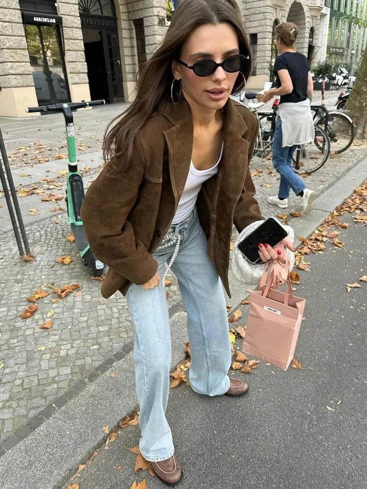 Elegante Damenjacke in Wildlederoptik mit Reverskragen für Herbst, Büro und Freizeit – lange Ärmel, mit Taschen, Braun, Größen S bis L