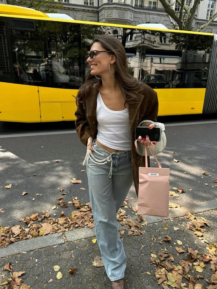 Elegante Damenjacke in Wildlederoptik mit Reverskragen für Herbst, Büro und Freizeit – lange Ärmel, mit Taschen, Braun, Größen S bis L
