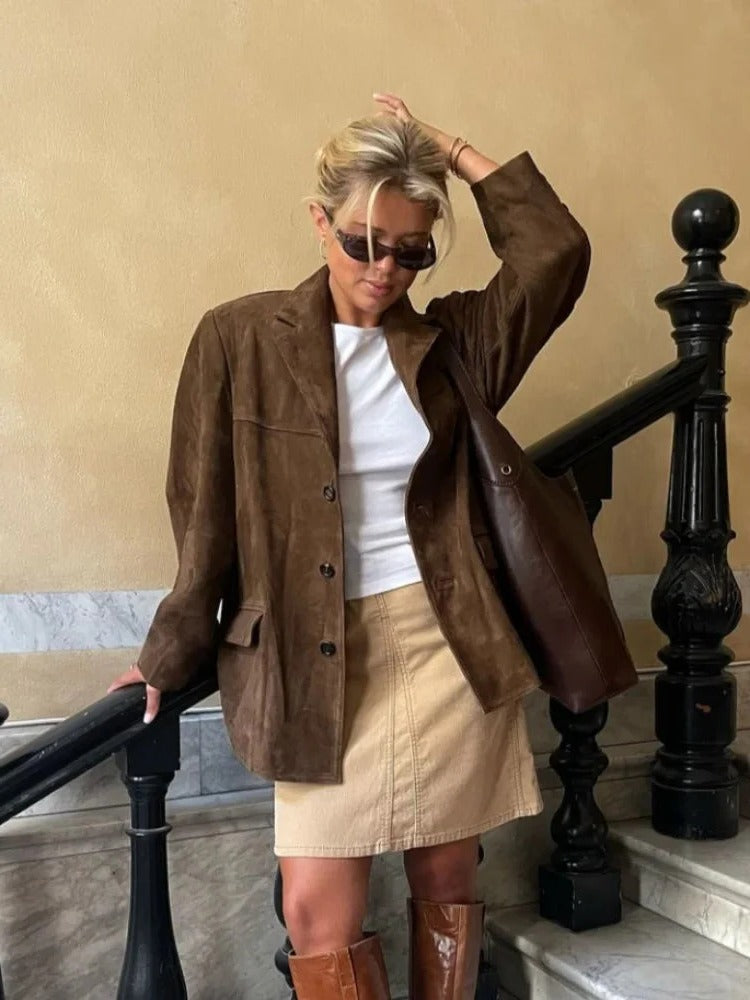 Elegante Damenjacke in Wildlederoptik mit Reverskragen für Herbst, Büro und Freizeit – lange Ärmel, mit Taschen, Braun, Größen S bis L