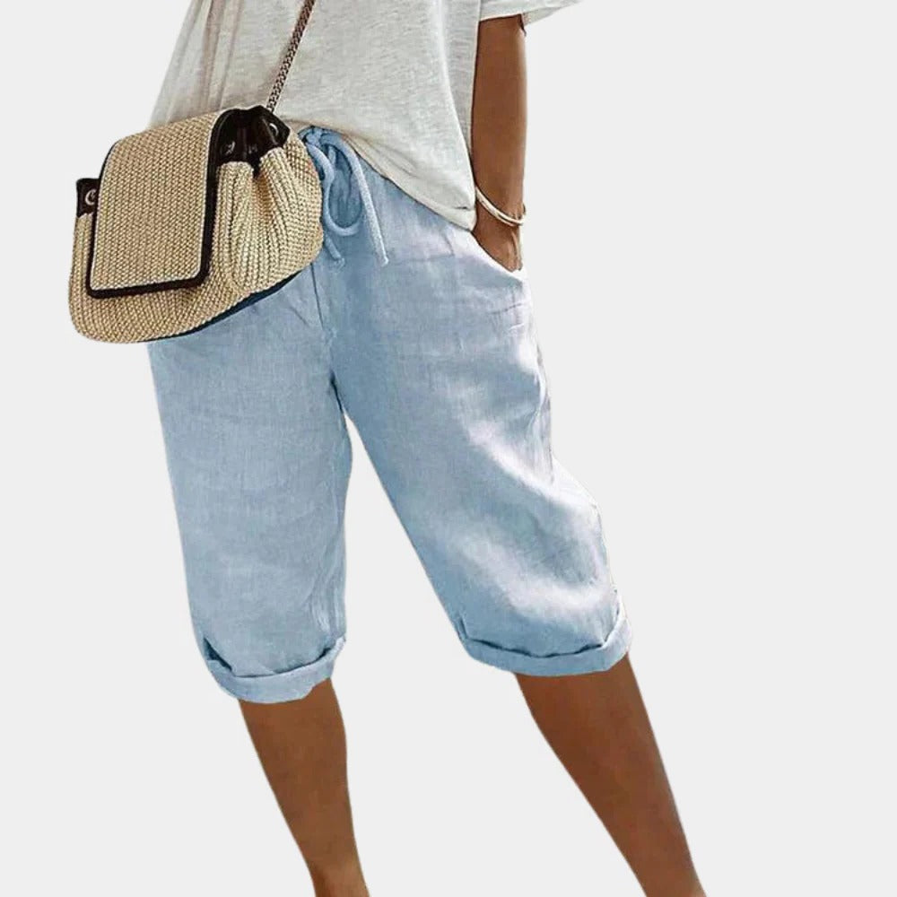 Bequeme Damen-Shorts aus Baumwolle und Leinen für Alltag, Ausflüge und Arbeit – elastischer Bund, zwei Seitentaschen, XS bis XL, 5 Farben