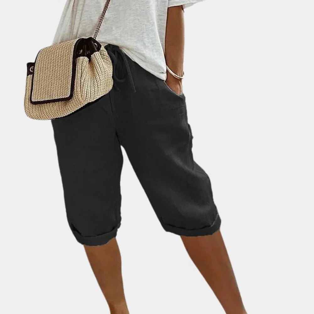 Bequeme Damen-Shorts aus Baumwolle und Leinen für Alltag, Ausflüge und Arbeit – elastischer Bund, zwei Seitentaschen, XS bis XL, 5 Farben