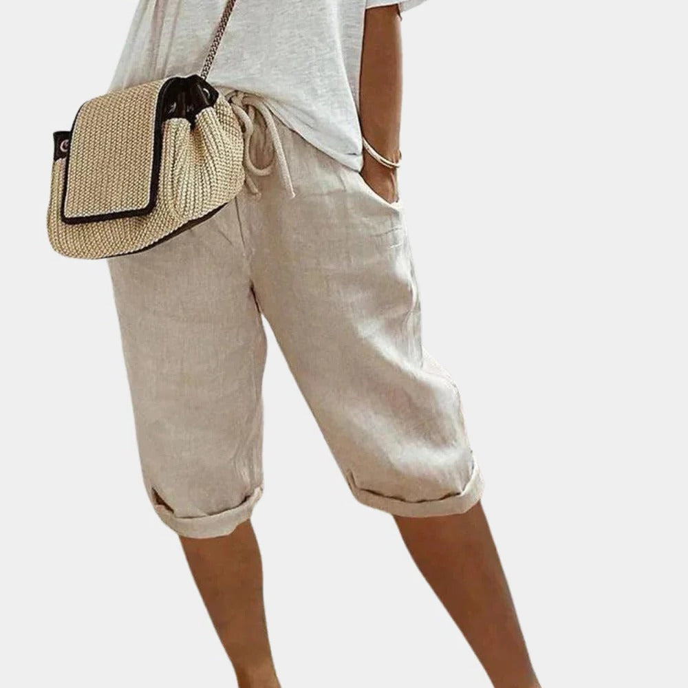 Bequeme Damen-Shorts aus Baumwolle und Leinen für Alltag, Ausflüge und Arbeit – elastischer Bund, zwei Seitentaschen, XS bis XL, 5 Farben
