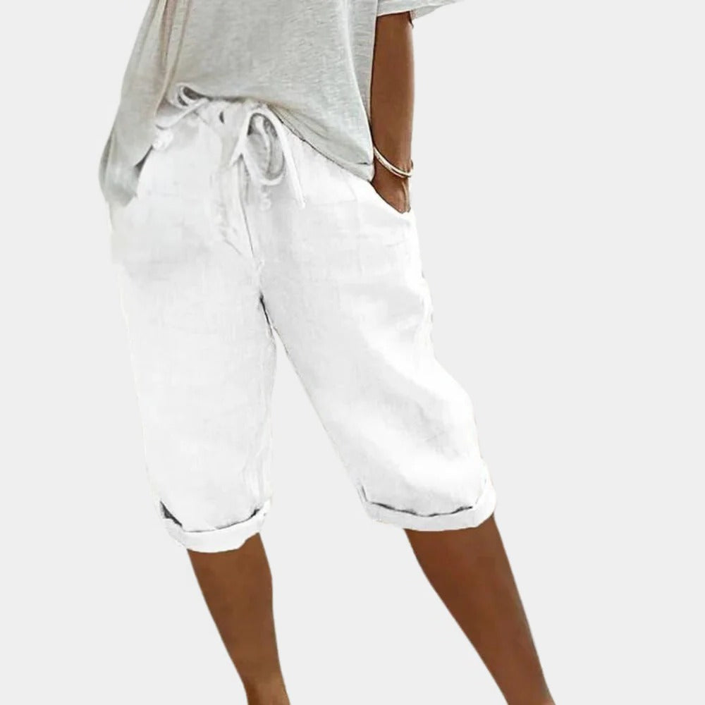 Bequeme Damen-Shorts aus Baumwolle und Leinen für Alltag, Ausflüge und Arbeit – elastischer Bund, zwei Seitentaschen, XS bis XL, 5 Farben