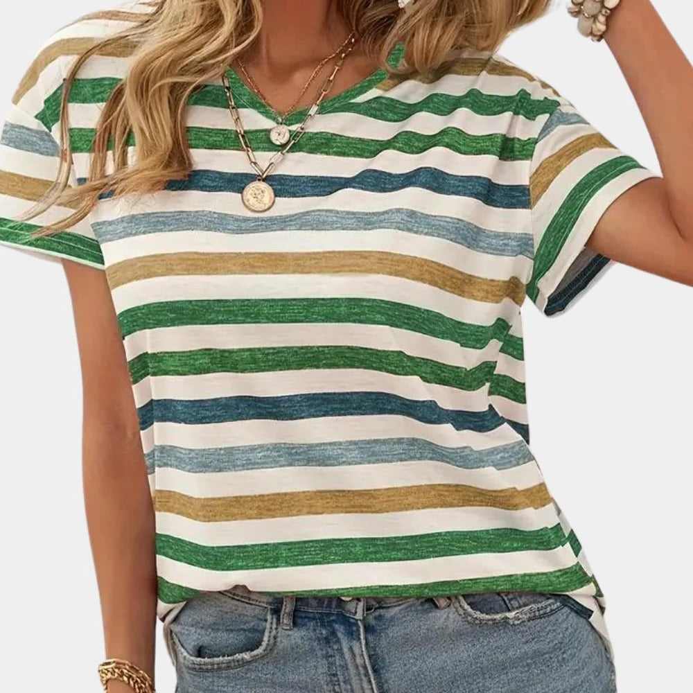 Gestreiftes Damen-T-Shirt mit V-Ausschnitt für Alltag, Ausgehen und Zuhause – locker geschnitten, mehrfarbige Streifen, S bis 2XL, Grün oder Orange