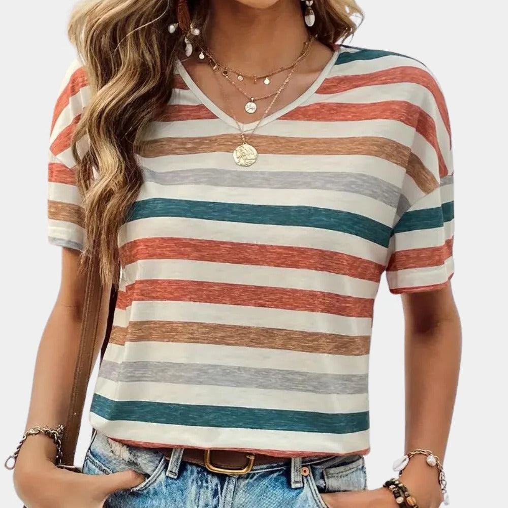 Gestreiftes Damen-T-Shirt mit V-Ausschnitt für Alltag, Ausgehen und Zuhause – locker geschnitten, mehrfarbige Streifen, S bis 2XL, Grün oder Orange