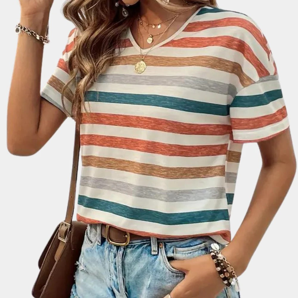 Gestreiftes Damen-T-Shirt mit V-Ausschnitt für Alltag, Ausgehen und Zuhause – locker geschnitten, mehrfarbige Streifen, S bis 2XL, Grün oder Orange
