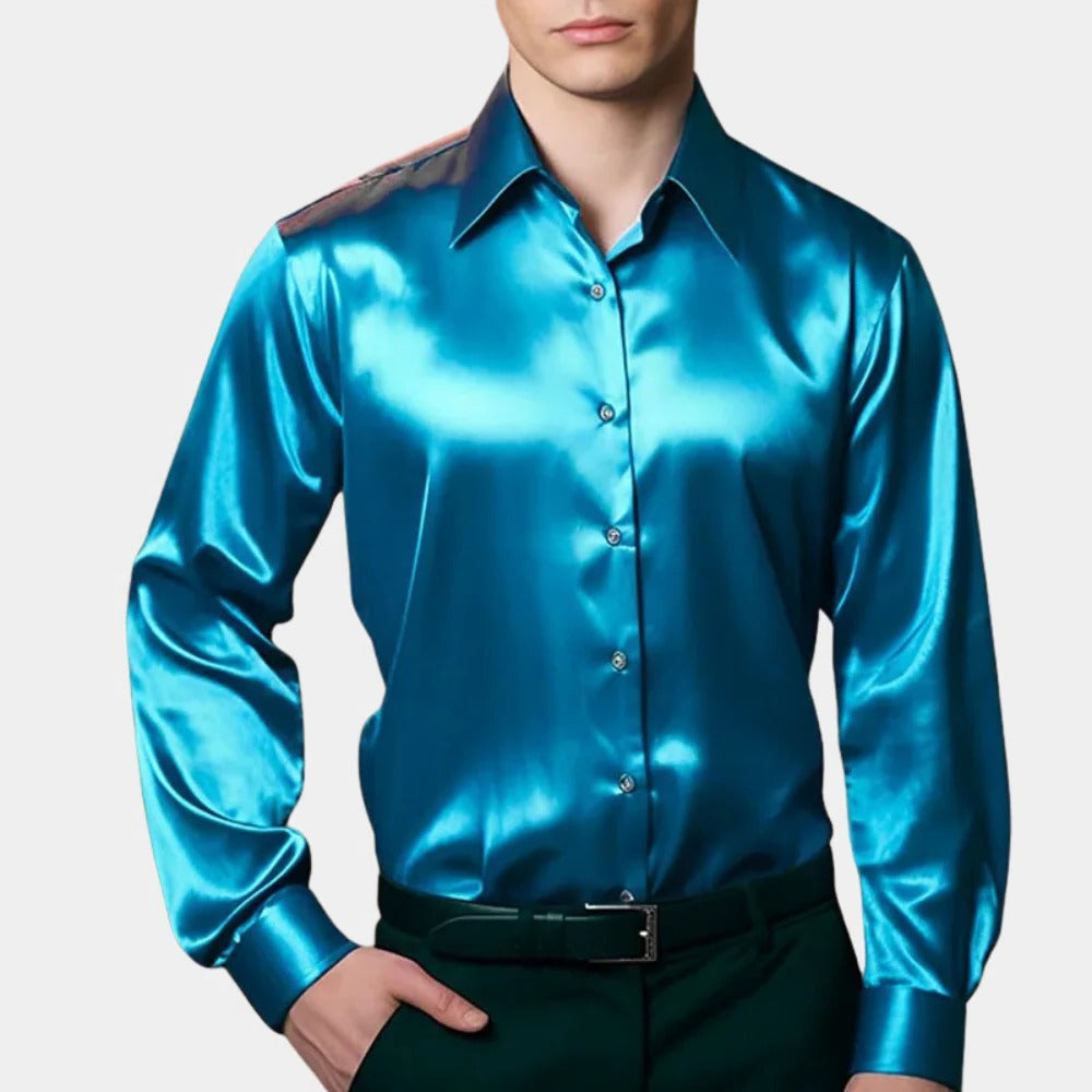 Glänzendes Herrenhemd in Satin-Optik mit schmaler Passform für Feier, Büro und Abend – langarm, Polyester, S bis 2XL, 5 Farben