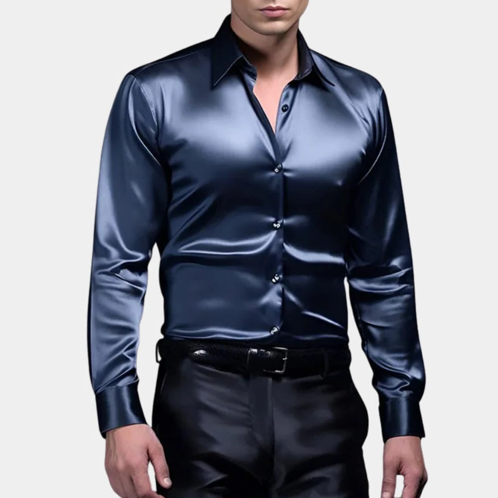 Glänzendes Herrenhemd in Satin-Optik mit schmaler Passform für Feier, Büro und Abend – langarm, Polyester, S bis 2XL, 5 Farben