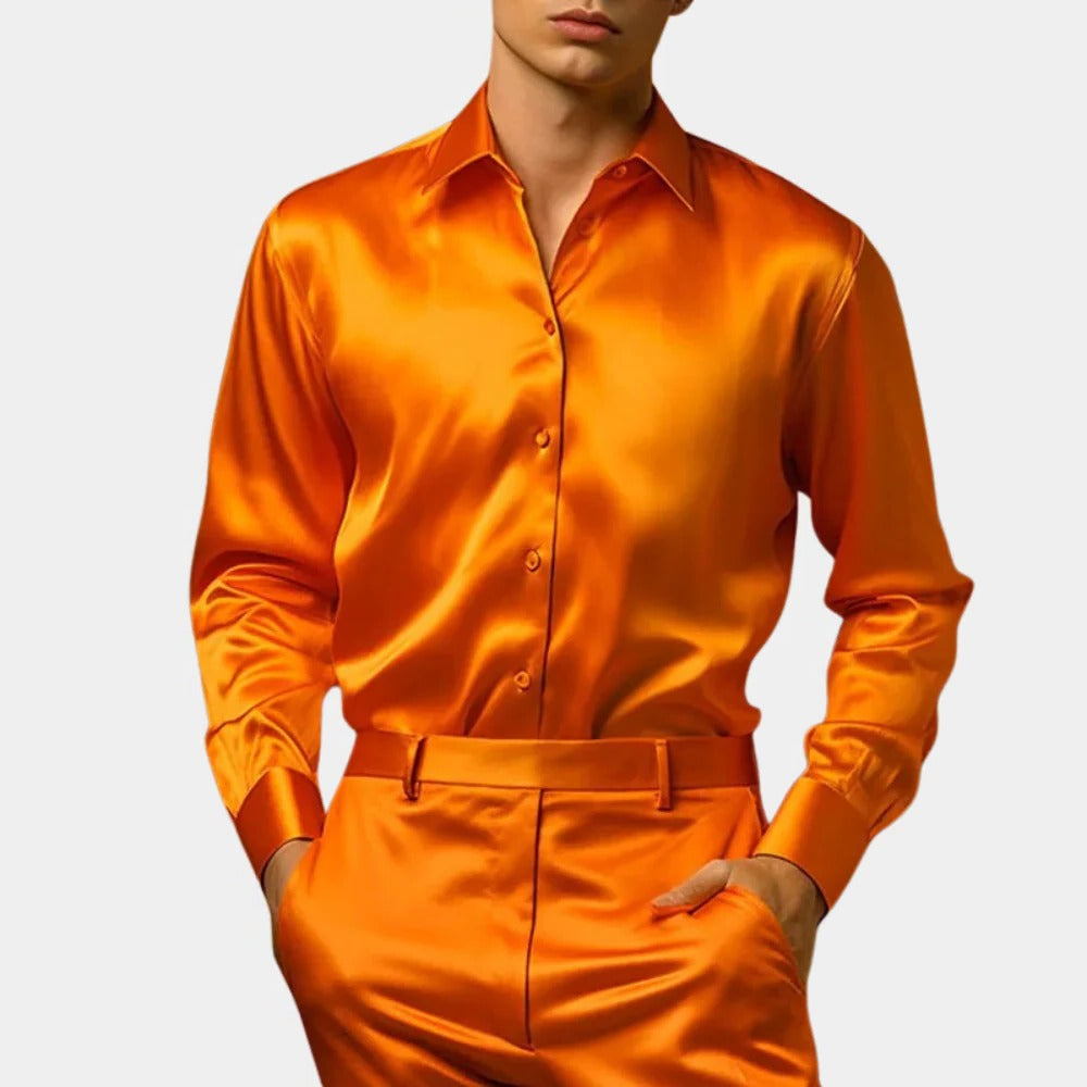 Glänzendes Herrenhemd in Satin-Optik mit schmaler Passform für Feier, Büro und Abend – langarm, Polyester, S bis 2XL, 5 Farben