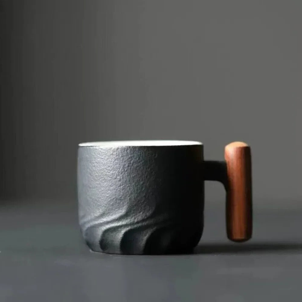Espressotasse aus Keramik mit Holzgriff im Vintage-Stil für Espresso – 80 ml, strukturierte Oberfläche, spülmaschinengeeignet, Schwarz, Blau oder Grün