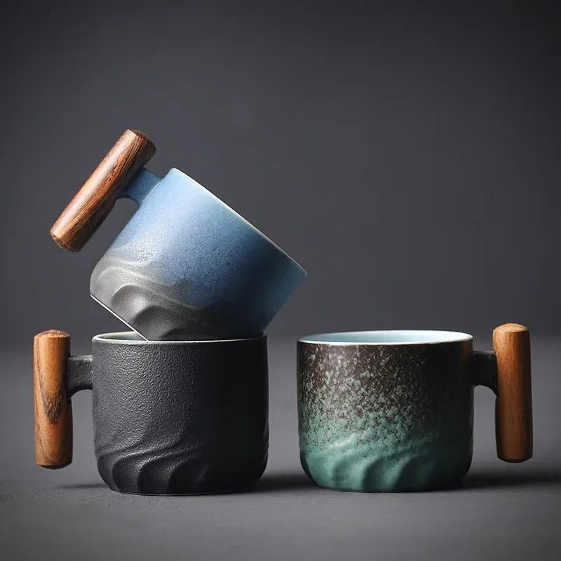 Espressotasse aus Keramik mit Holzgriff im Vintage-Stil für Espresso – 80 ml, strukturierte Oberfläche, spülmaschinengeeignet, Schwarz, Blau oder Grün