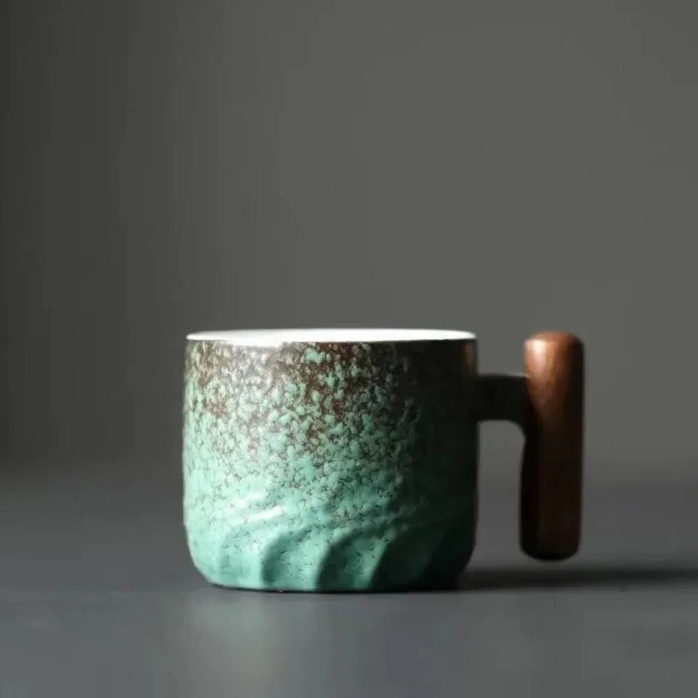 Espressotasse aus Keramik mit Holzgriff im Vintage-Stil für Espresso – 80 ml, strukturierte Oberfläche, spülmaschinengeeignet, Schwarz, Blau oder Grün