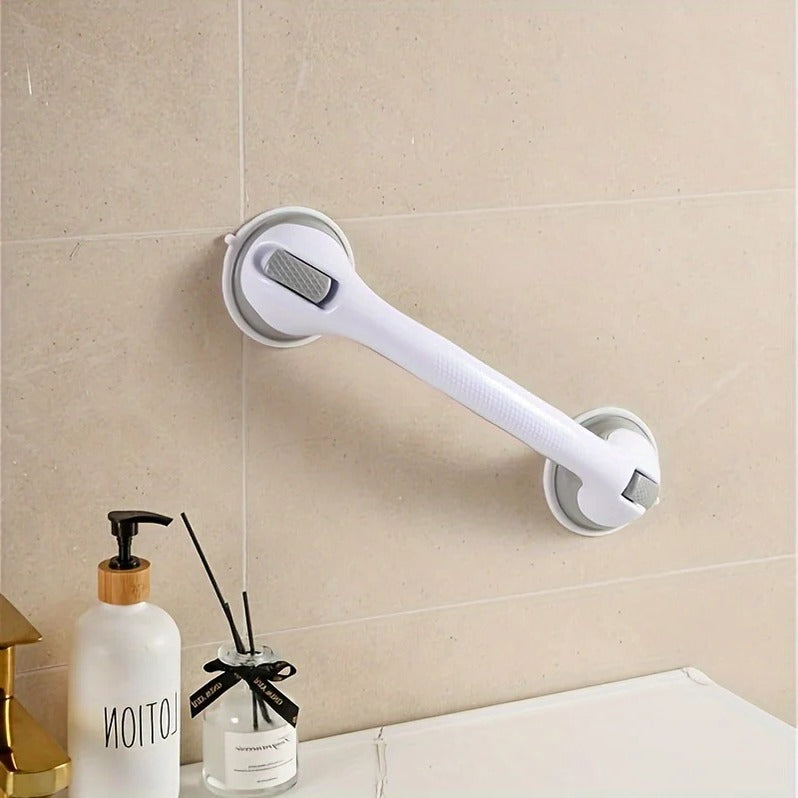 Mobiler Haltegriff mit Saugnäpfen und Hebelverriegelung für Dusche, Badewanne und WC – ohne Werkzeug, ca. 10 × 42 cm, Weiß-Grau