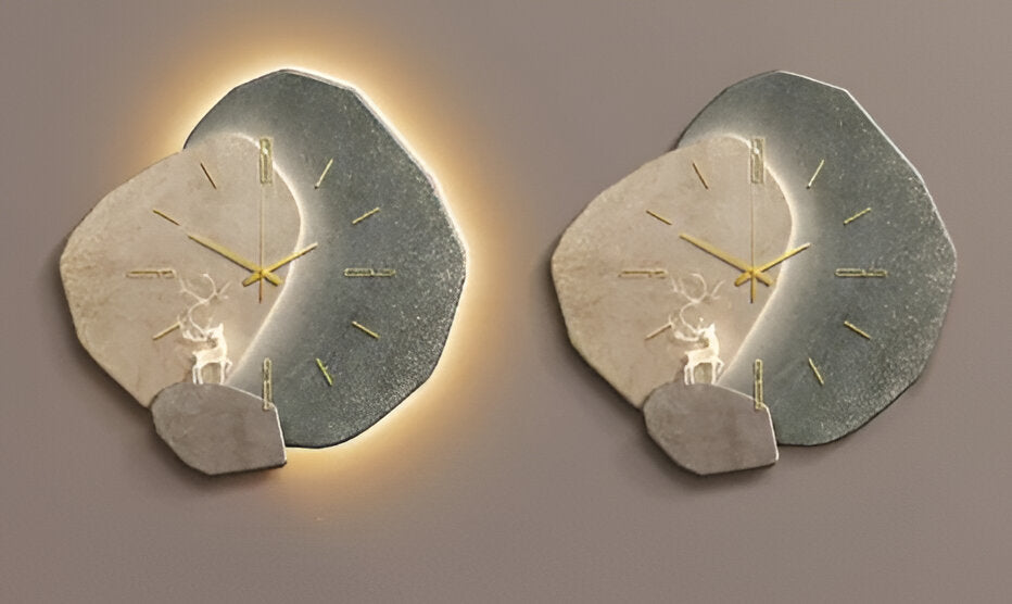 Wanduhr mit Hintergrundbeleuchtung als Wandbild in Steinoptik für Wohnzimmer, Esszimmer und Büro – lautloses Uhrwerk, Strichindizes, 4 Farben