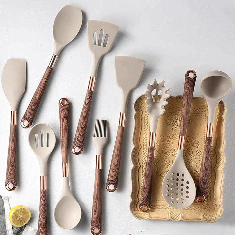 Küchenutensilien-Set 10-teilig mit Suppenkelle, Wender und Backpinsel für beschichtete Pfannen – kratzfrei, hitzebeständig, 29 bis 34 cm