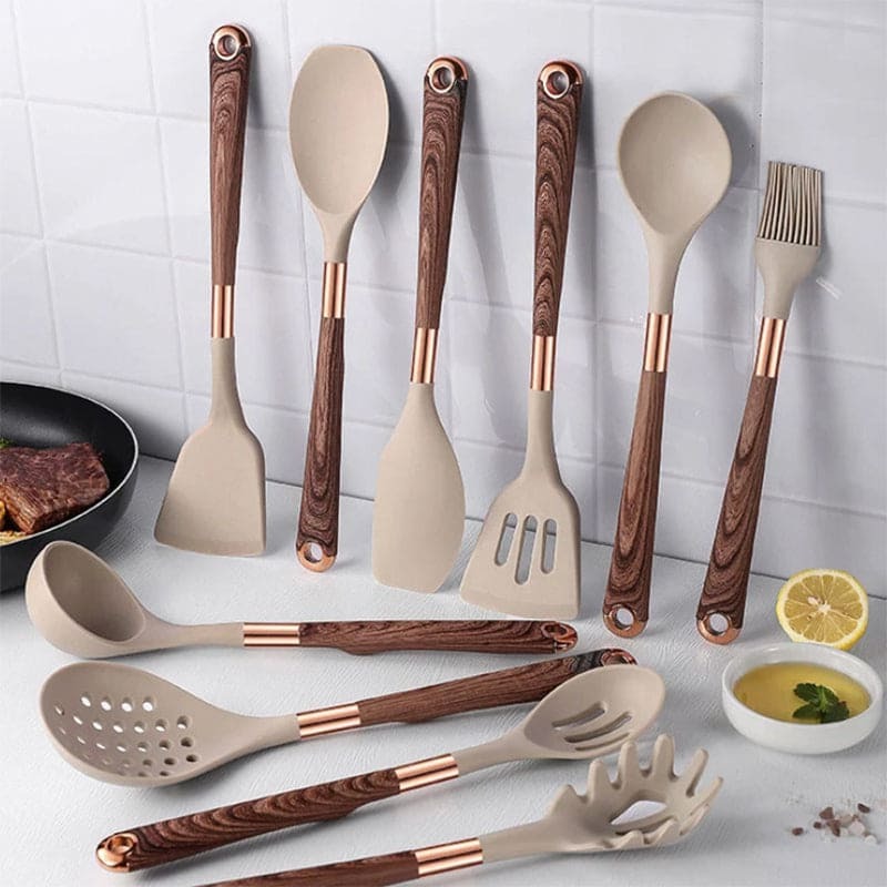 Küchenutensilien-Set 10-teilig mit Suppenkelle, Wender und Backpinsel für beschichtete Pfannen – kratzfrei, hitzebeständig, 29 bis 34 cm