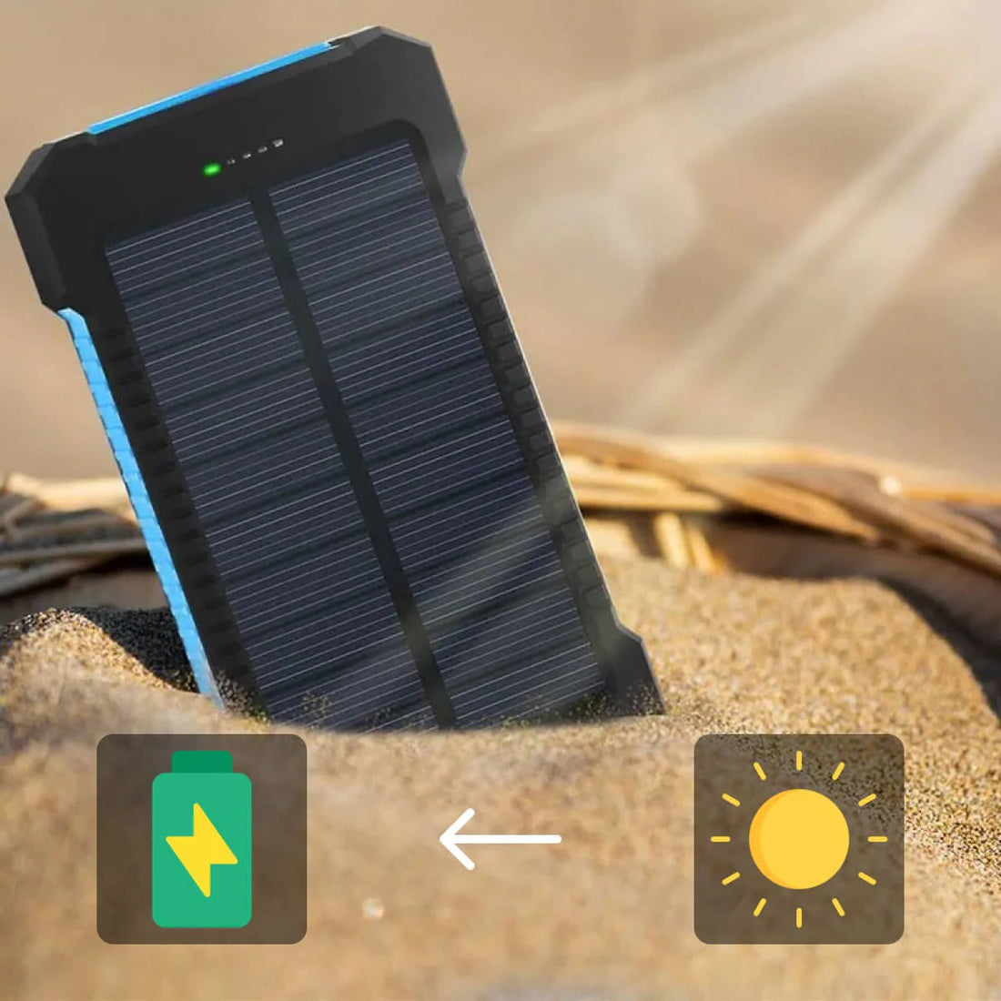 Solar-Powerbank mit 2 USB-Ausgängen und LED-Taschenlampe für Outdoor und Reisen – IP44, Ladeanzeige, ca. 13,7 × 7,5 × 2 cm, 4 Farben