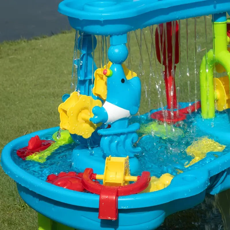 Sand- und Wasserspieltisch mit drei Ebenen für Kinder ab 3 Jahren für Garten, Terrasse und Strand – Wasserräder, über 15 Zubehörteile, werkzeuglos