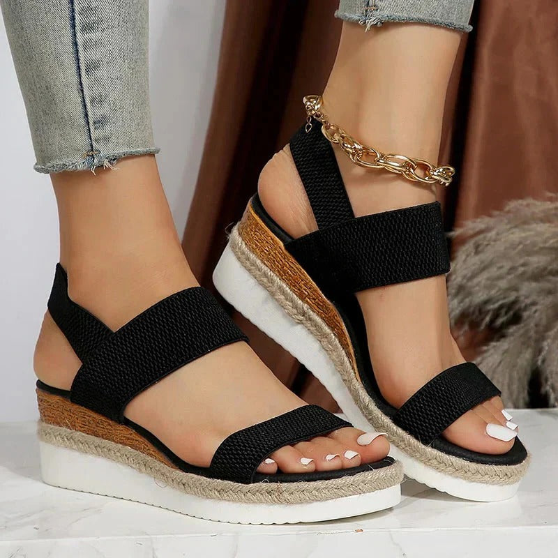 Damen-Keilsandalen mit elastischen Riemen für Sommer und Urlaub – gepolsterte, rutschfeste Sohle, Plateau in Bastoptik, US-Größe 4,5–9,5, 5 Farben
