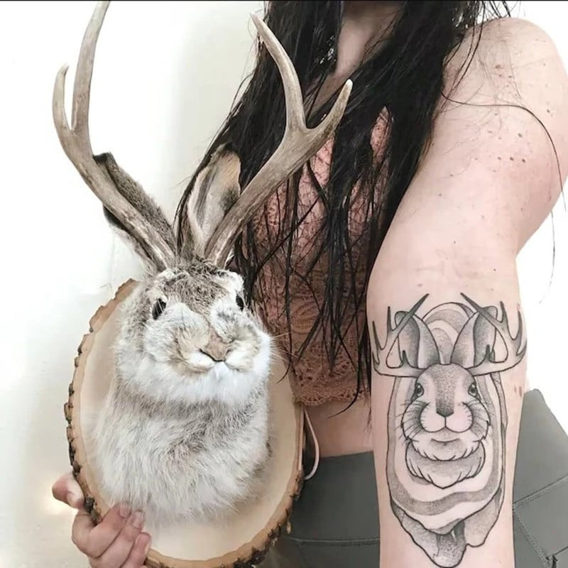 Jackalope-Wanddeko als Hase mit Geweih auf Wandplakette für Wohnzimmer und Arbeitszimmer – ca. 20 cm hoch, mit Aufhängehaken, rustikaler Trophäen-Stil