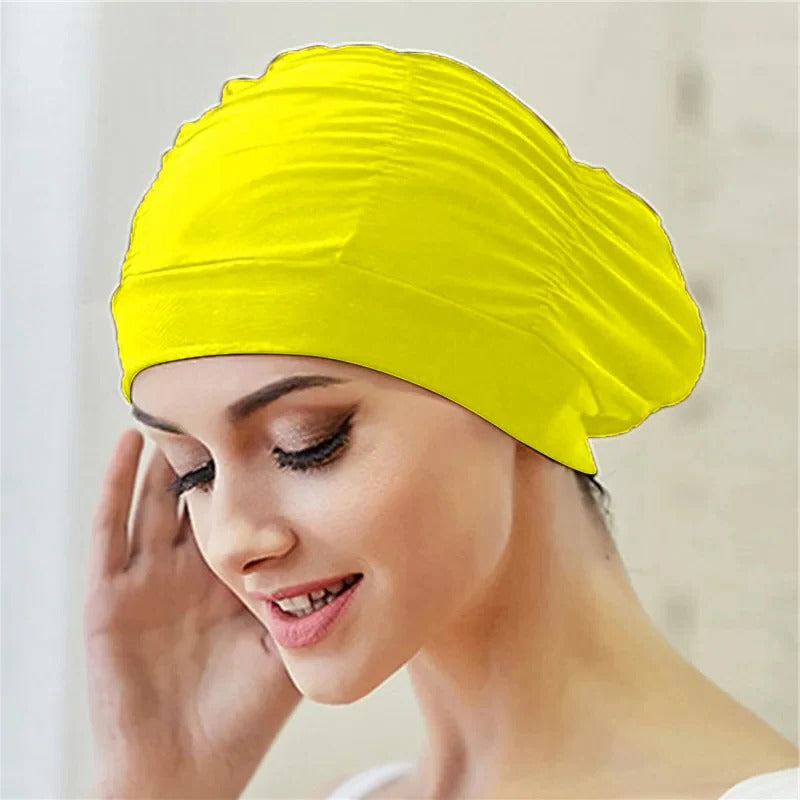 Dehnbare Badekappe im Turban-Stil für Damen und Mädchen mit langen Haaren – ca. 54 × 15 cm, gedrehte Front, schnell trocknend, 15 Farben und Muster