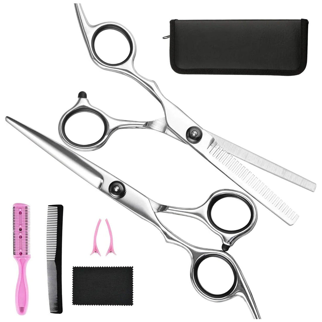 Haarschneideset aus Edelstahl mit Haarschere und Effilierschere für Haarschnitt zu Hause und im Salon – 7-teilig, Kämme, Clips, Etui