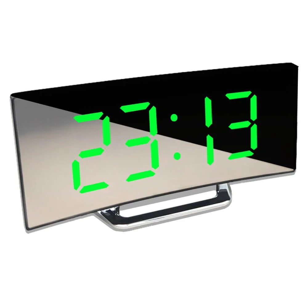 Digitaluhr mit gebogener Spiegelfront und LED-Anzeige für Nachttisch, Schreibtisch und Regal – Weckfunktion, dimmbar, USB, ca. 21 × 9 × 4 cm